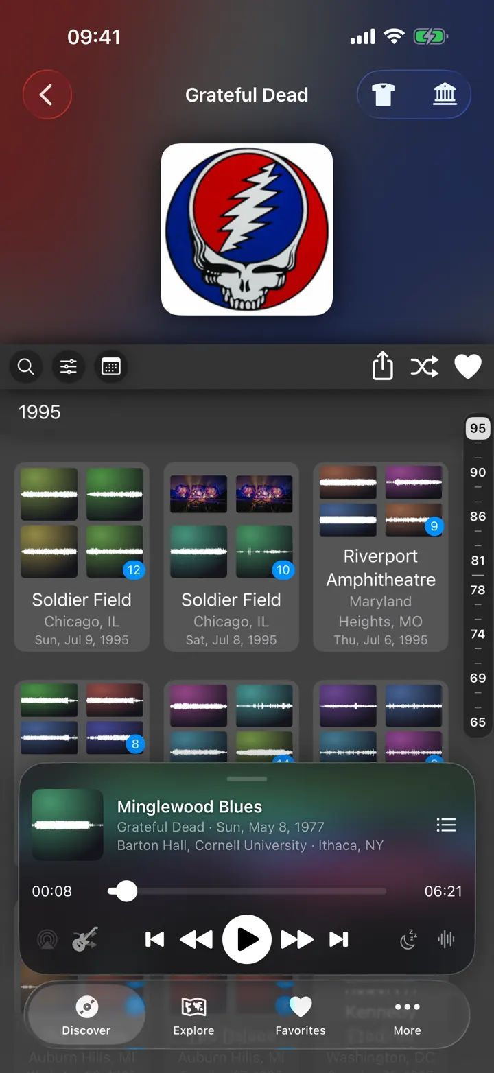 The Grateful Dead's page, with shows from 1995 laid out in a grid and a year index down the side.