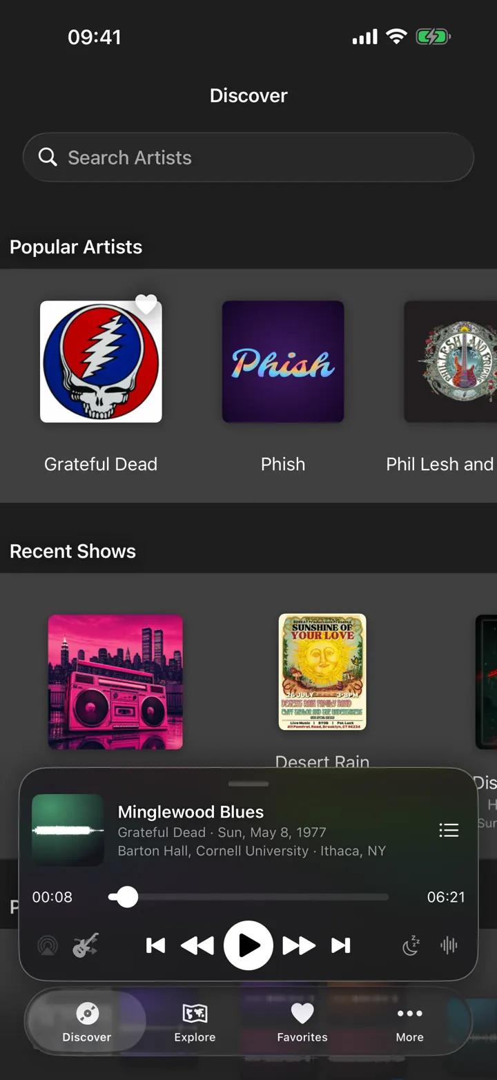 The Discover tab in the app, with rows of popular artists and recent shows and a show playing in the mini player.