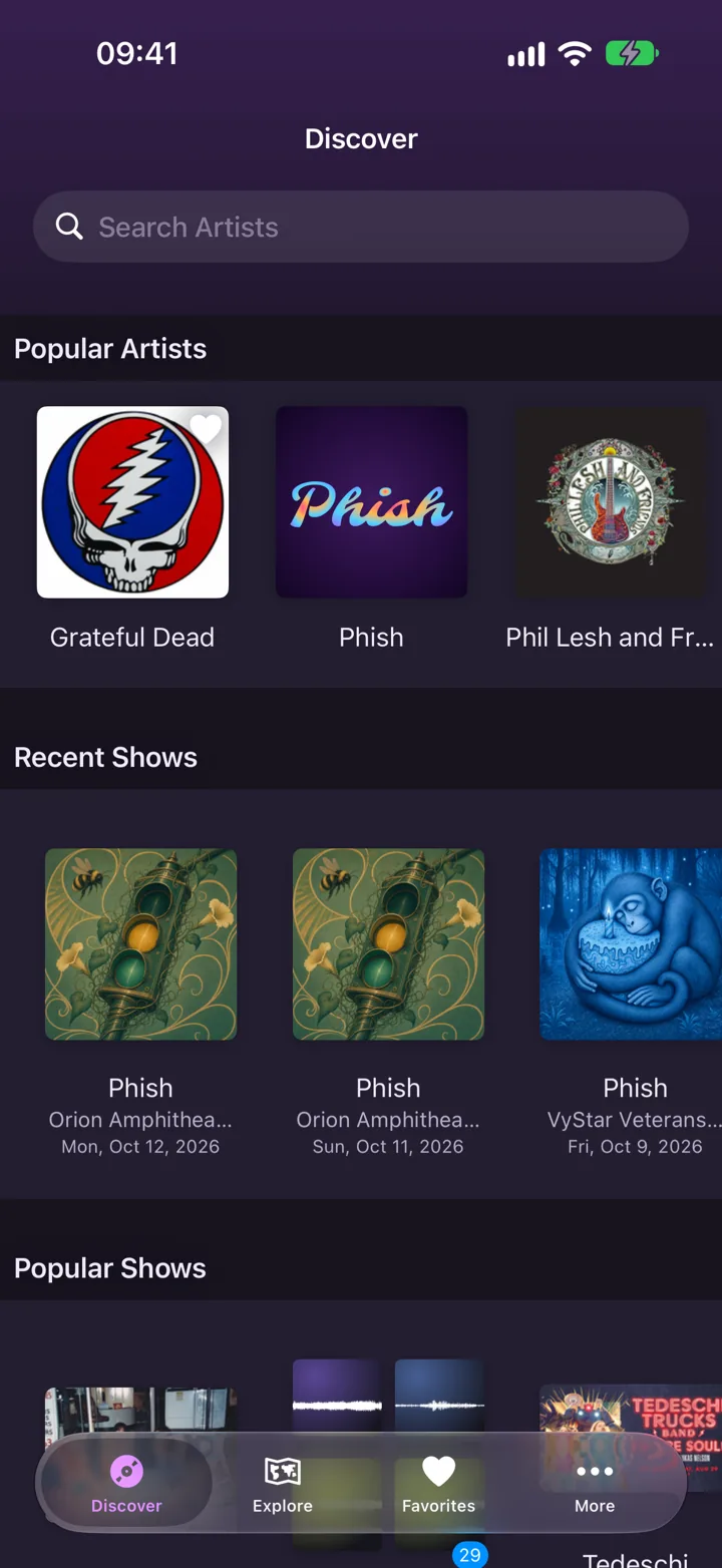 The Discover tab in the app, with a search bar and rows of popular artists and recent Phish shows.