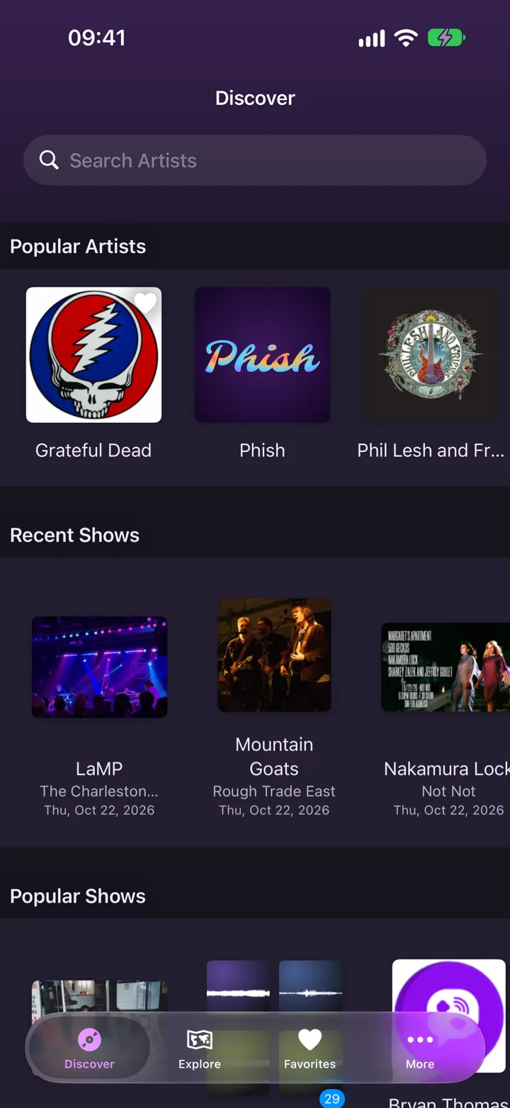 The Discover tab in the app, with a search bar and rows of popular artists and recent shows.