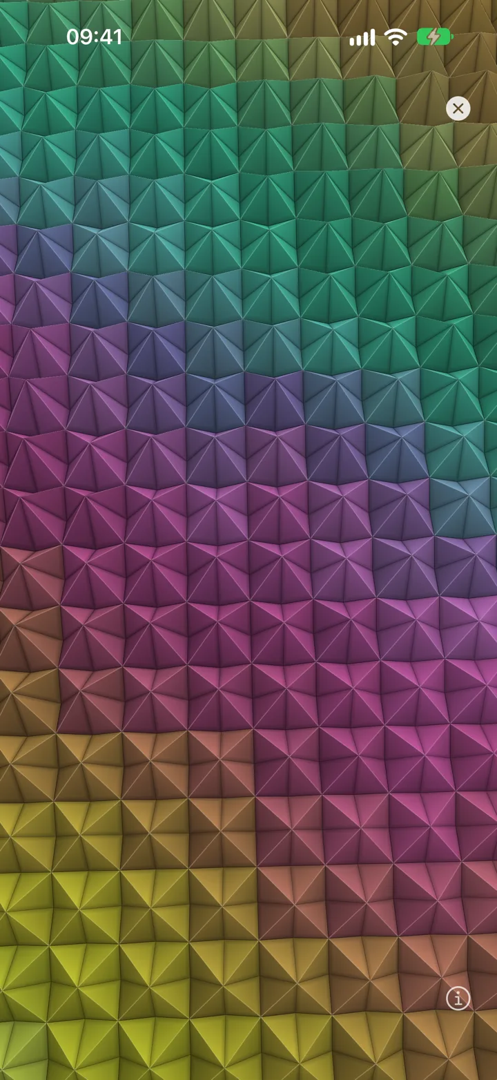 The Merkaba visualizer filling the screen with paper pyramids shaded from green to purple to gold.