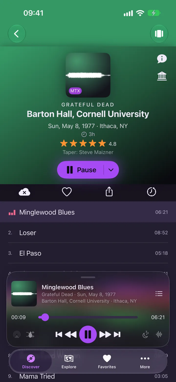 The Grateful Dead at Barton Hall, Cornell University on May 8, 1977, playing, with its 4.8 star rating, the track list and the player controls.