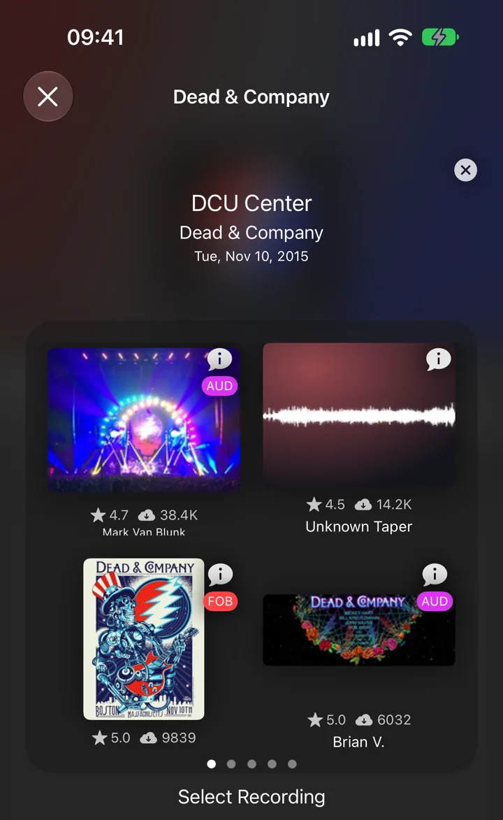 Choosing between recordings of Dead & Company at the DCU Center on November 10, 2015, each with its own artwork, rating and source label.