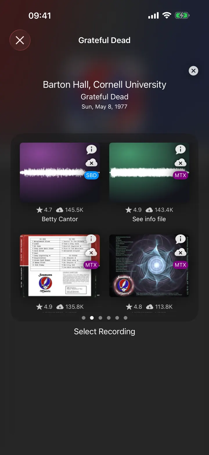 Choosing between four recordings of the Grateful Dead at Barton Hall, each labeled SBD or MTX.