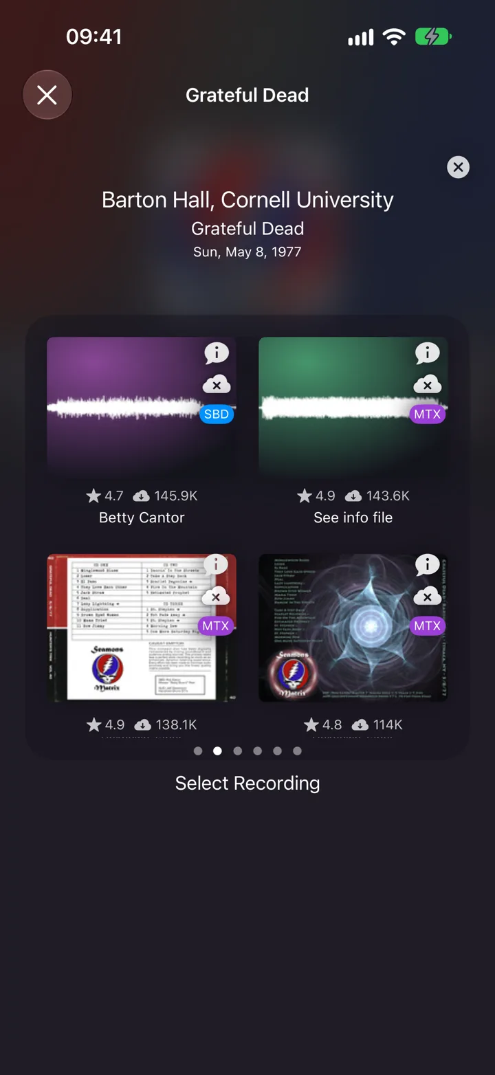 Choosing between recordings of the Grateful Dead at Barton Hall, Cornell University on May 8, 1977, each with its own artwork, rating, download count and source label.