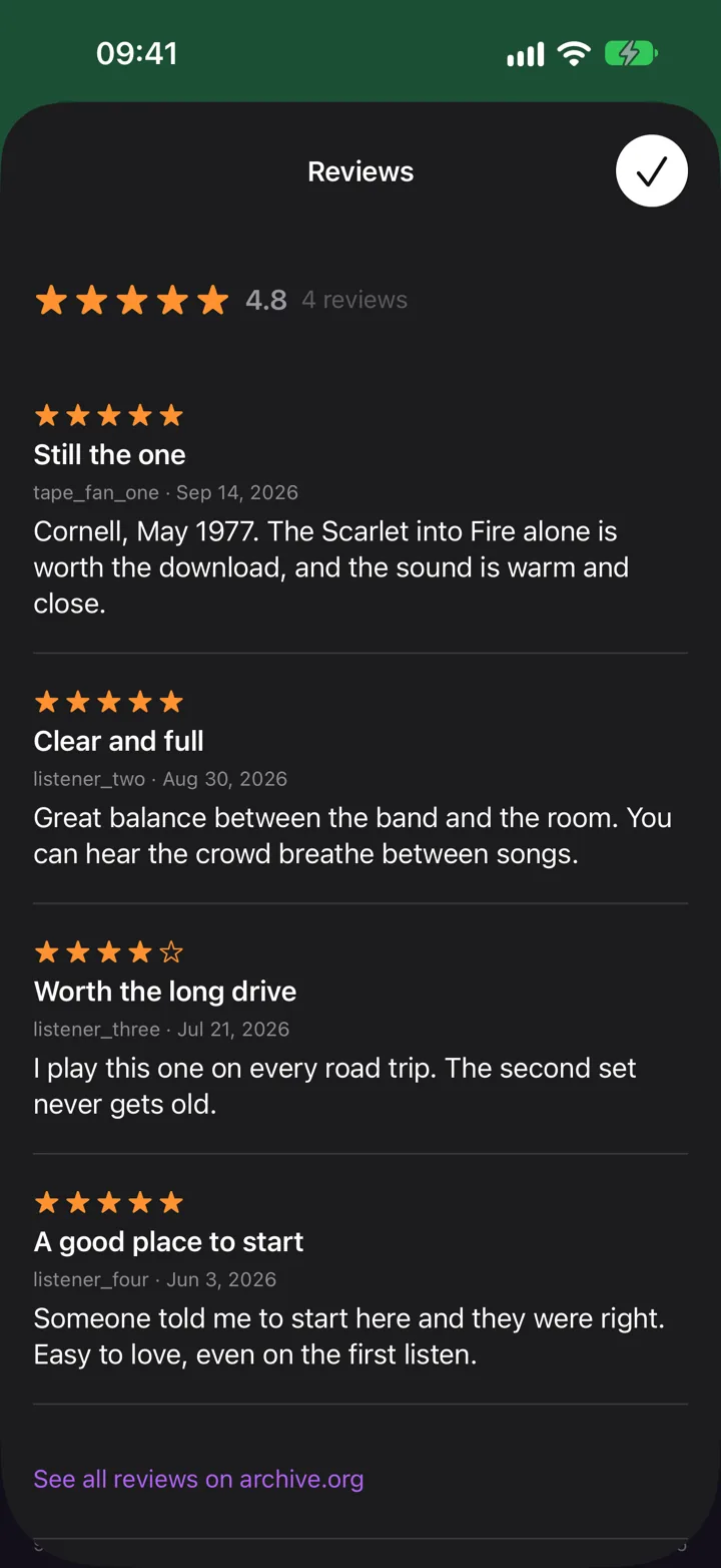 The Reviews list for a show, with a 4.8 star average and four listener reviews, each with stars, a title and a few lines of text.