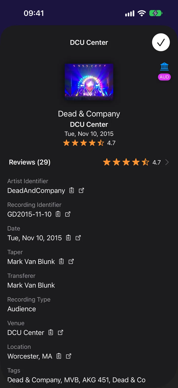 The More Info sheet for Dead & Company at the DCU Center, with a Reviews row showing 29 reviews and 4.7 stars.